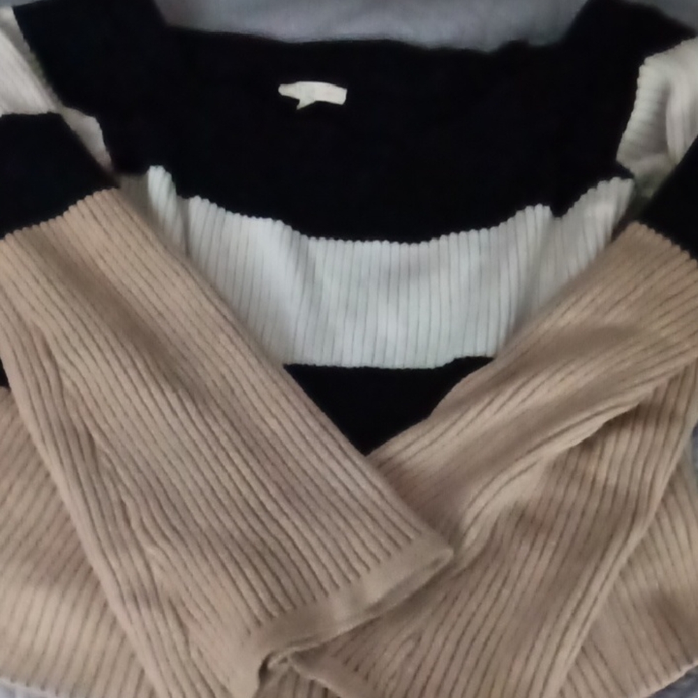 Le Lis Black, White, and Tan Striped Sweater Bell Sleeves